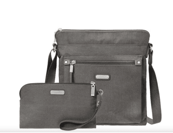 image of gray cross body purse with zippers and small wrist clutch