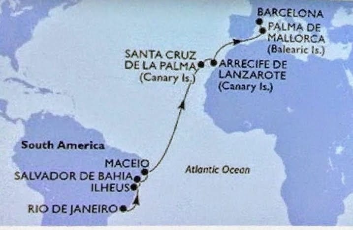 map of itinerary of 16 day cruise with MSC.  Rio de Janeiro to Barcelona Spain.