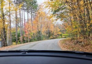 windy Vermont Road in the fall with tree changing colour