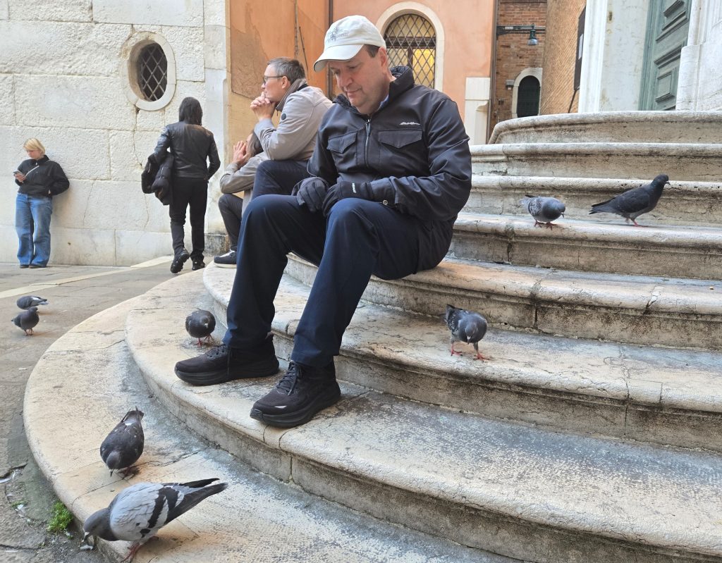 man sitting near pigeons