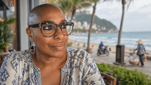 Mary Johnson at a seaside café in Vung Tau, Vietnam, reflecting by the beach with palm trees and ocean in the background
