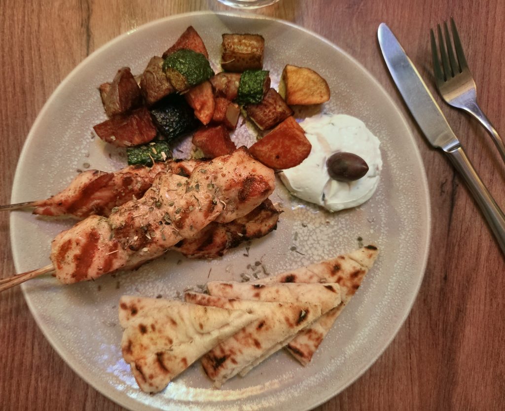 chicken kebab and vegetables from Greek meal