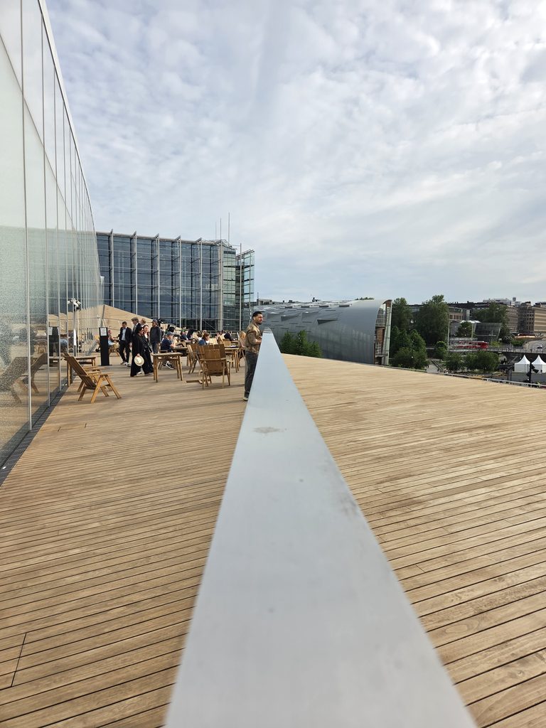 rooftop deck with view of long angled decking